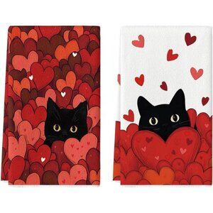 Black Cats Red Hearts Valentine's Kitchen Towels 2 Dish Towels, 18x26